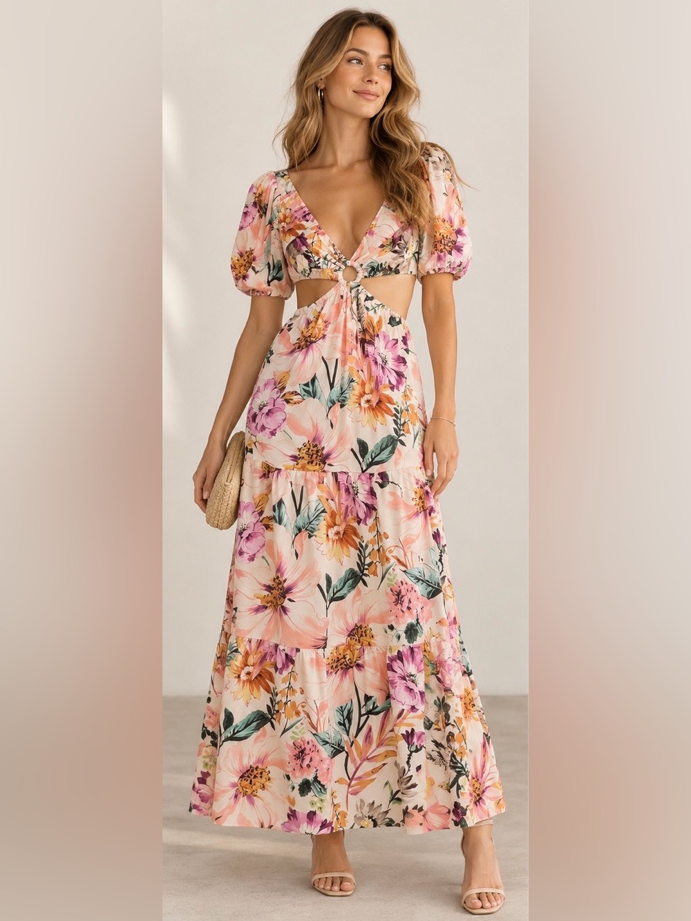 Floral Puff-Sleeve Maxi Dress in Cream and Pink